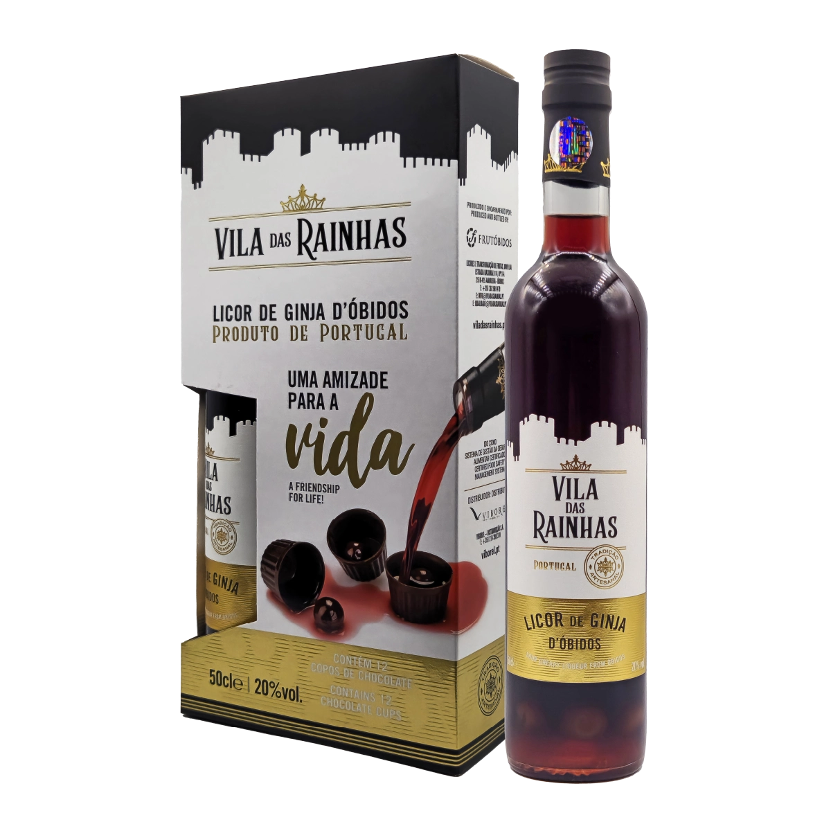 Pack Doce Sintonia - Licor de Ginja Vila das Rainhas 50cl + copos chocolate